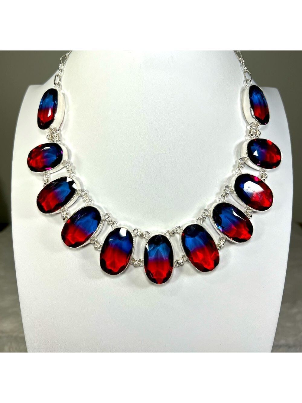 Bi-Color Tourmaline 925 Synthetic Gemstone Large Necklace